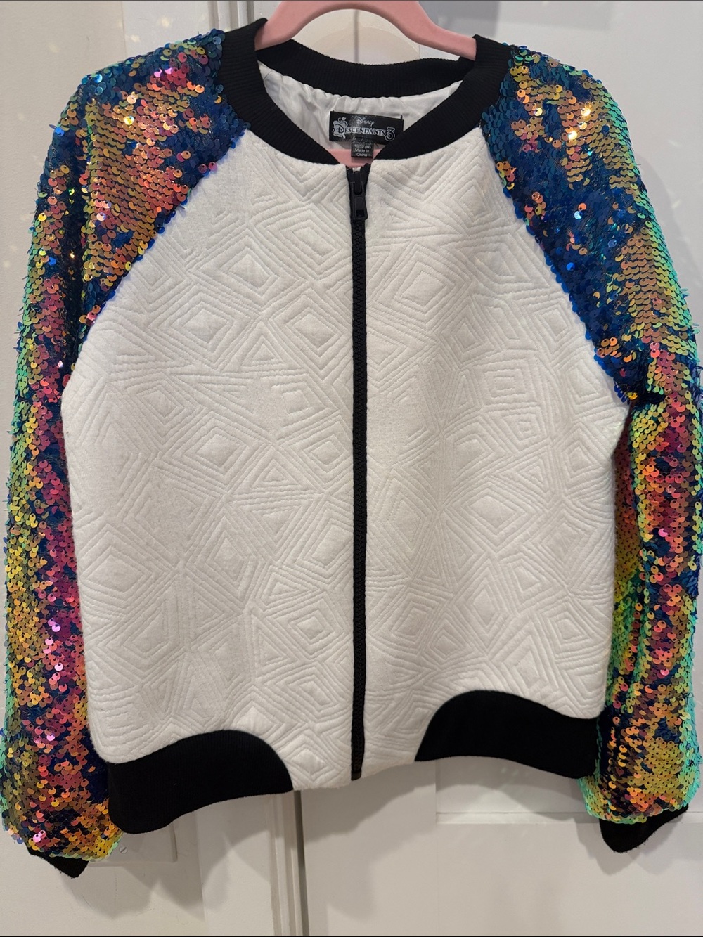 Disney White Quilted Bomber Jacket with Rainbow Sequin Sleeves size 10-12